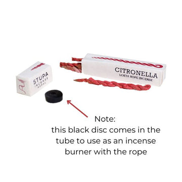 Stupa Citronella Rope Incense opened box with rope and incense burner disc next to box on white background